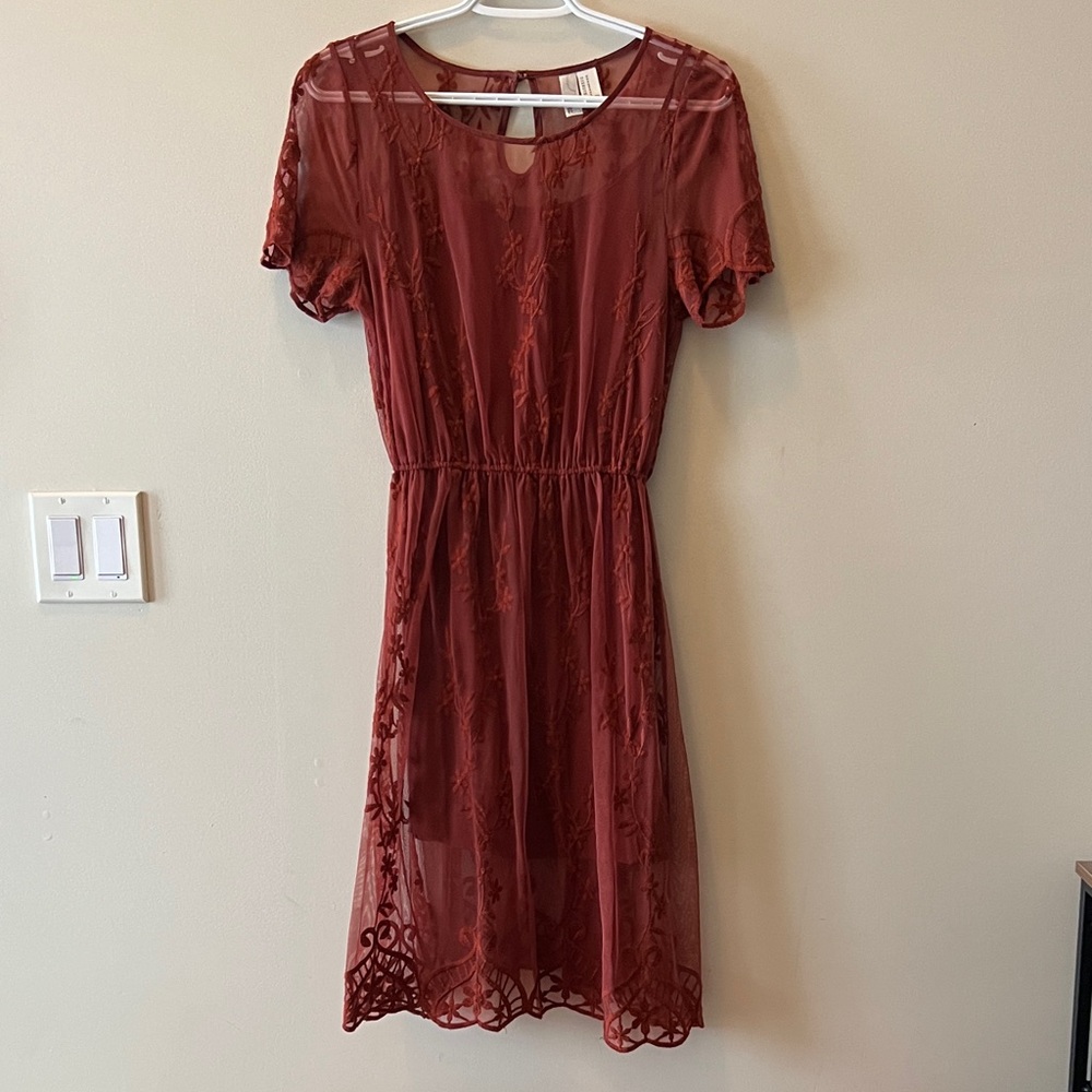 Forever 21 Elegant Embroidered Mesh Dress with Slip